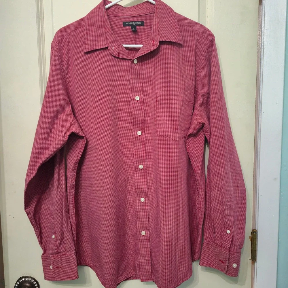 Banana Republic Mens Red White Micro Gingham Button Down Shirt Long Sleeve Large